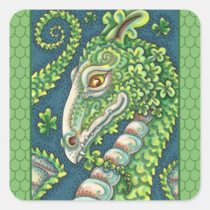 S. PATRICKS GRÖNT SHAMROCK DRAGON, IRISH FANTASY FYRKANTIGT KLISTERMÄRKE