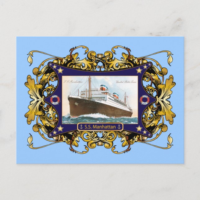 S.S. Manhattan Vintage Steamship Frakt Vykort (Framsida)