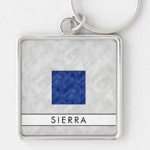 S Sierra Nautical Signal Flagga + ditt namn Fyrkantig Silverfärgad Nyckelring