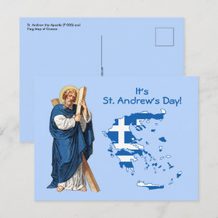 S:t Andreas med Greklands flagga-karta Högtidsdag Vykort