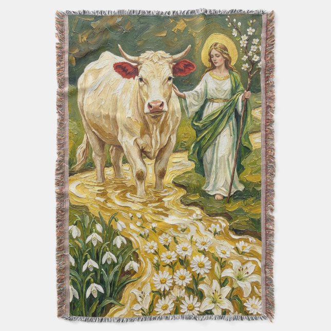 S:t Brigid & Den Vita Kon (Imbolc) Filt (Framsidan Vertikal)