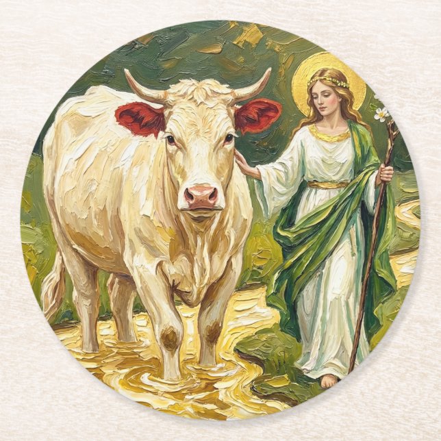 S:t Brigid & Den Vita Kon (Imbolc) Underlägg Papper Rund (Framsidan)