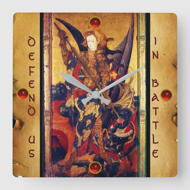 S:t Michael Vanquishing Djävulen som Medieval Knig Fyrkantig Klocka (Framsida)