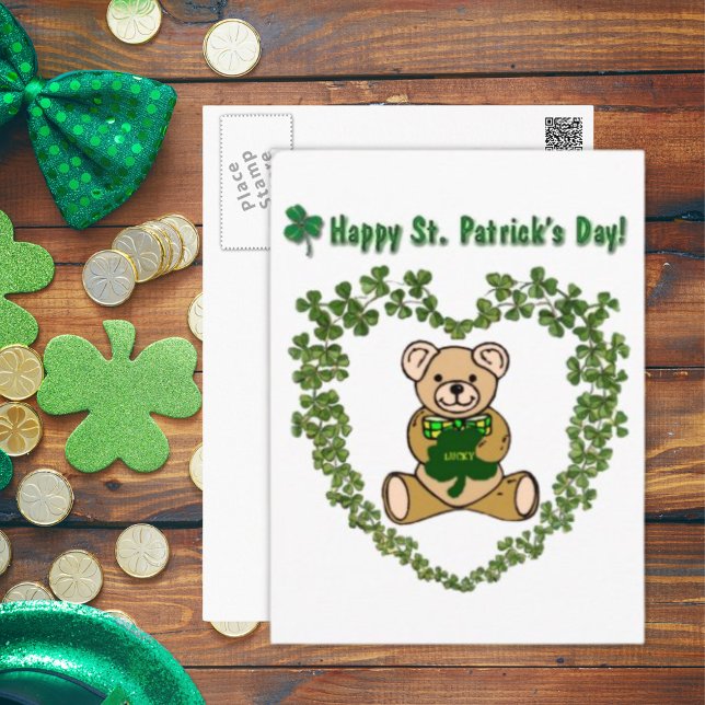 S:t Patrick Nalle i Klöver Heart-vykort Vykort (St. Patrick's Teddy Bear in Clover Heart Postcard)