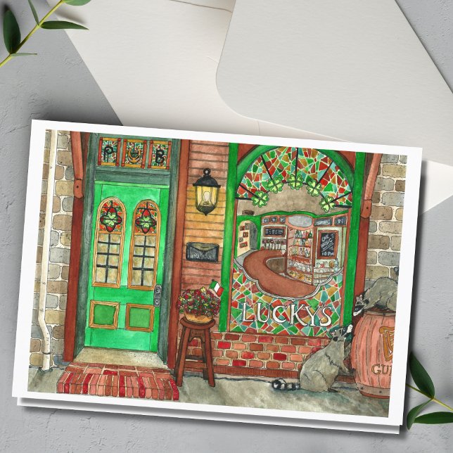 S:t Patricks dag Irländsk Pub Vattenfärgskort Kort (Irish Pub Watercolor)