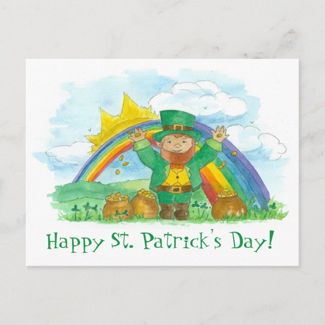 S:t Patrick's Day Leprechaun Rainbow Pot of Guld Vykort (Framsida)