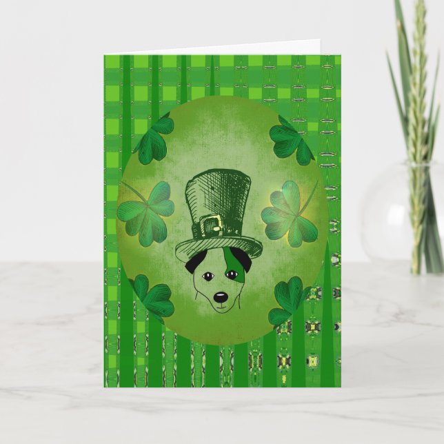 S:t Patricks Hund med Shamrocks Teckning Card Kort (Framsida)