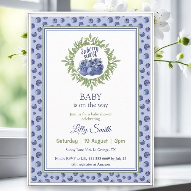 Så bärsöt baby shower blåbärsblå mönster inbjudningar (So Berry Sweet Baby Shower Blueberry Blue Pattern Invitation)