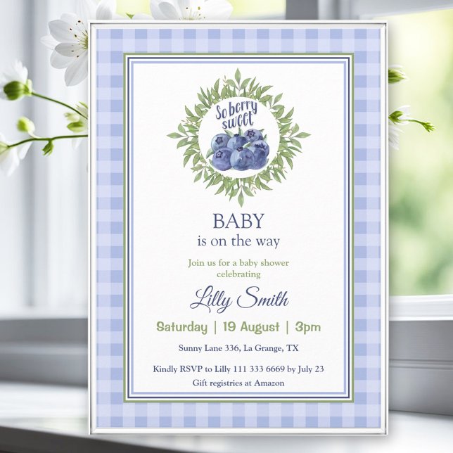 Så Berry Sweet Baby Shower Blueberry Blue Play Inbjudningar (So Berry Sweet Baby Shower Blueberry Blue Plaid Invitation)