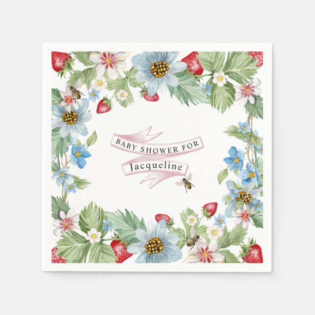 Så Berry Sweet Strawberry Flicka till Bee Shower Pappersservett (Framsidan)