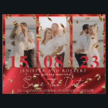 Så Chic Red Photo Collage Spara datumkortet Reklamblad<br><div class="desc">Underbar chic och modern Spara datumkorten för bröllop. Spara datumkortets kom med anpassadets fotokollage stil om paret och extra på baksidan. Bröllop-korten är lätta att anpassade och har en låg budget.</div>