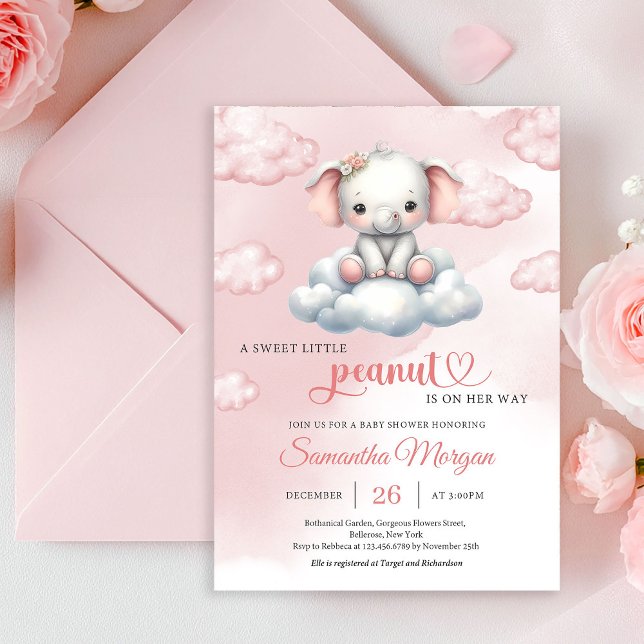Så Cute baby elephant på molnjordnötter Inbjudningar (So Cute baby elephant on cloud little peanut Invitation)