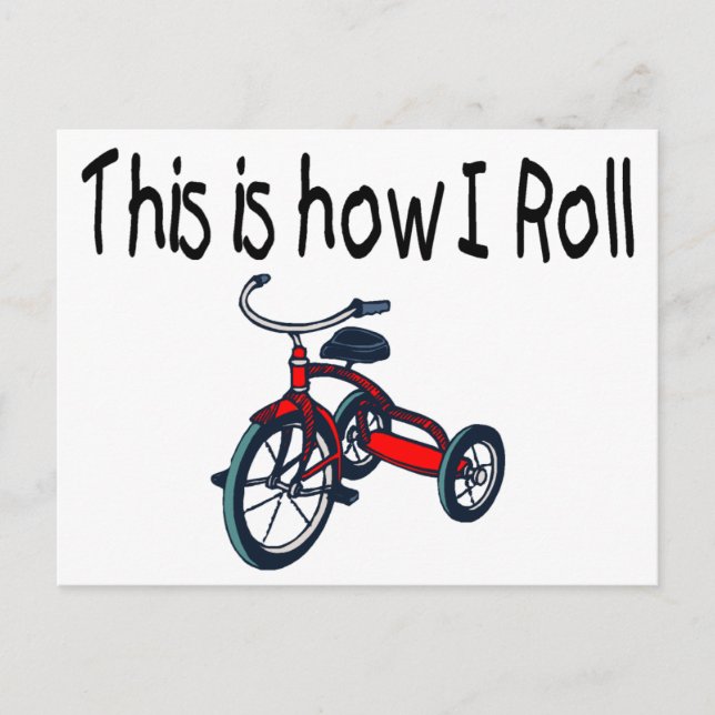 Så här rullar jag (röd trehjuling) vykort (Framsida)