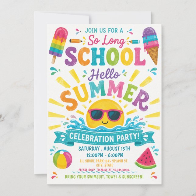 Så Lång Skola Hej Sommar Färgglad Poolparty  Inbjudningar (Framsida)
