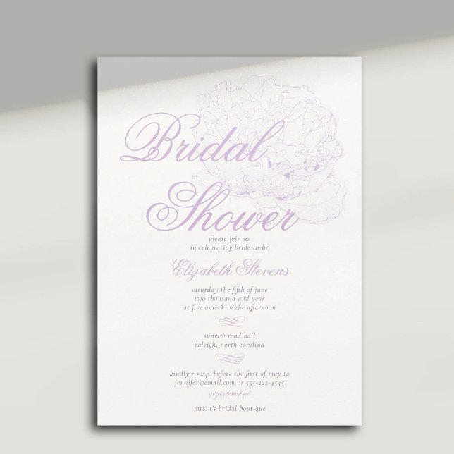 Så Lilac Peony Calligraphy Elegant Möhippa Inbjudningar (peony bridal shower invitation formal traditional calligraphy modern classic dreamy lilac)