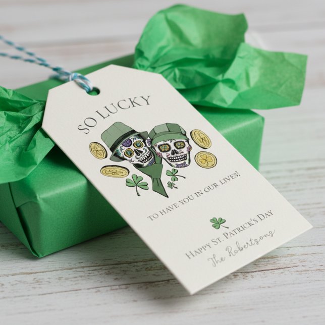 Så Lucky St patrick's day Sugar Döskallars Presentetikett (Irish Sugar Skull Gift Tags for St. Patricks Day. So Lucky Happy Saint Patricks Day. Green Shamrock)