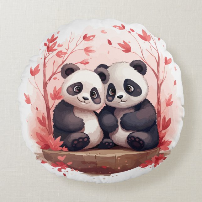 Så Lycklig Together Panda-par Rund Kudde (Framsidan)