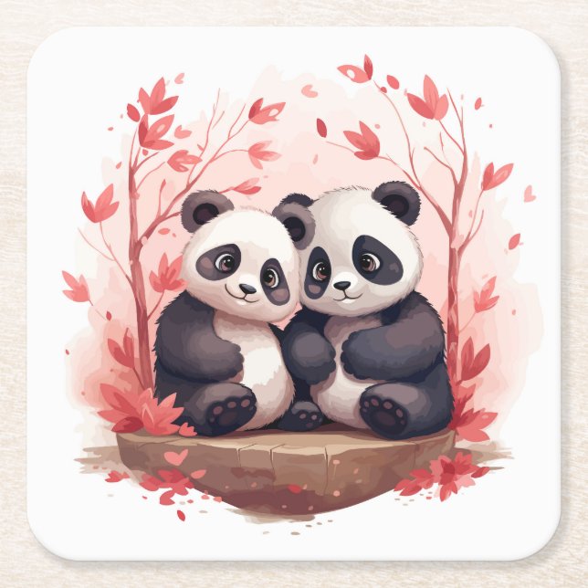 Så Lycklig Together Panda-par Underlägg Papper Kvadrat (Framsidan)