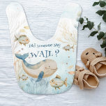 Sa nån Wail Funny Whale? Hakklapp<br><div class="desc">Lönsam babybib med roligt på ord, "Sa någon Wail?" Naturlig och skonsam vattenfärgsdesign i blått och beige med valar, fisk och korall under havet. Perfektens gåva under havets temade babyduschgåva. Om du vill koordinera inbjudningar, kontorsprogram, spel och evenemangsdekoration kan du bläddra i Min Whale Baby Shower Collection eller meddela mig...</div>