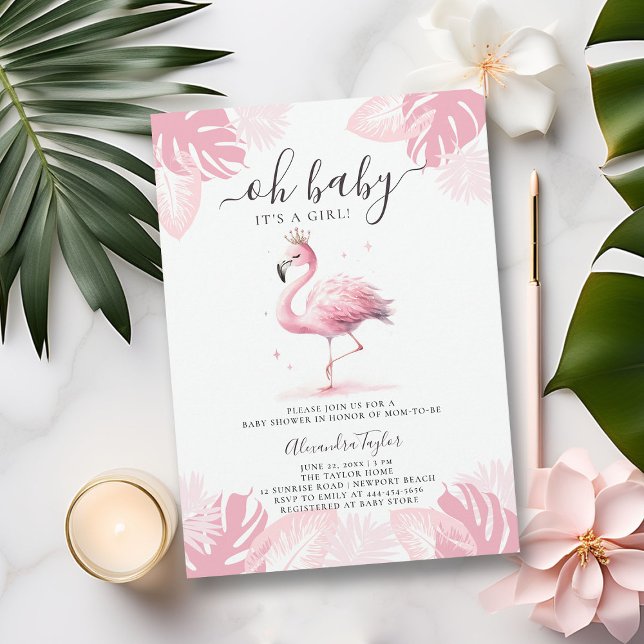 Så Rosa Flamingo Tiara Tropical Girl Baby Shower Inbjudningar (so pink flamingo baby girl shower invitation cute watercolor tropical invite purple blush summmer)