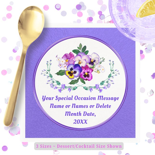 Så snygga personliga, penséservetter av papper pappersservett (Pansy Napkins. Pansy Paper Plates and Napkins. Personalized Birthday Cocktail Napkins. Sweet 16 idea)