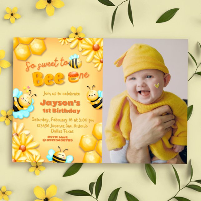Så söt till Bee One - 1:a födelsedagen med foto Inbjudningar (So Sweet to Bee One - 1st Birthday with Photo Landscape Invitation)