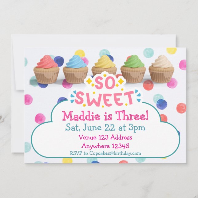 Så söta, färgglada cupcakes & prickig födelsedag inbjudningar (Framsida)