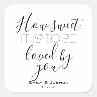 Så sött är det med personligt bröllp-godisbuffet. fyrkantigt klistermärke