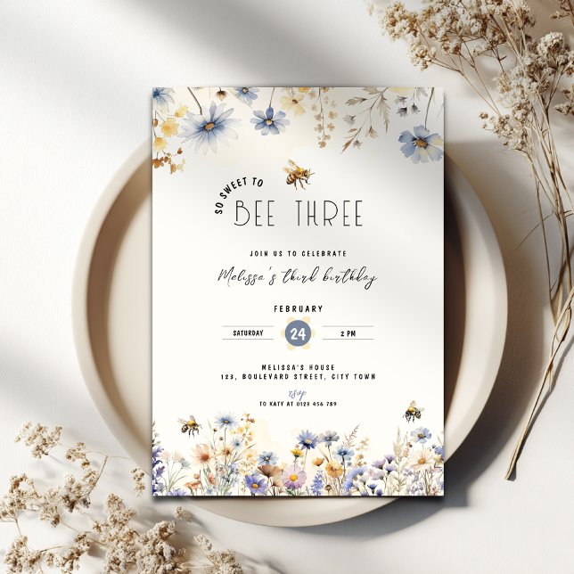 Så Sött Att Vara Tre - Blommig 3-årsdag Inbjudningar (Bee three birthday invitation)
