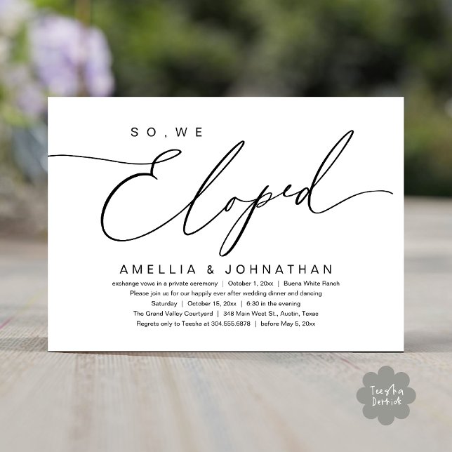 Så, Vi Flydde, Romantisk Bröllop Elopement Fest Inbjudningar (So, We Eloped, Modern Romantic Wedding Dinner Brunch Lunch Party Invitation Card PDF Black White)