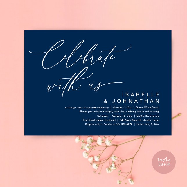 Så, Vi Flydde, Romantisk Bröllops Middag Fest Inbjudningar (Romantic Wedding Dinner Party, Celebrate with us Lunch Brunch Modern Invites Card  PDF Navy Blue)