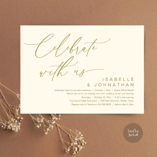 Så, Vi Flydde, Romantisk Bröllopsmiddag Fest Inbjudningar (Romantic Wedding Dinner Party, Celebrate with us Lunch Brunch Modern Invites Card  PDF Yellow Gold)