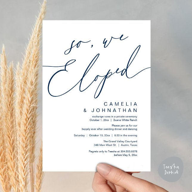 Så vi har upplevt den moderna romska Bröllop-midda Inbjudningar (So, We Eloped, Modern Romantic Wedding Dinner Brunch Lunch Party Invitation Card PDF Navy Blue)