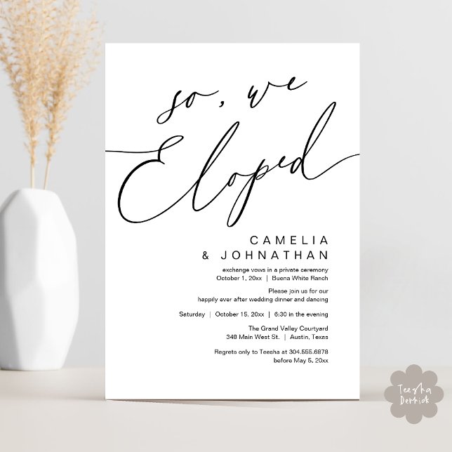 Så vi har upplevt den moderna romska Bröllop-midda Inbjudningar (So, We Eloped, Modern Romantic Wedding Dinner Brunch Lunch Party Invitation Card PDF Black White)