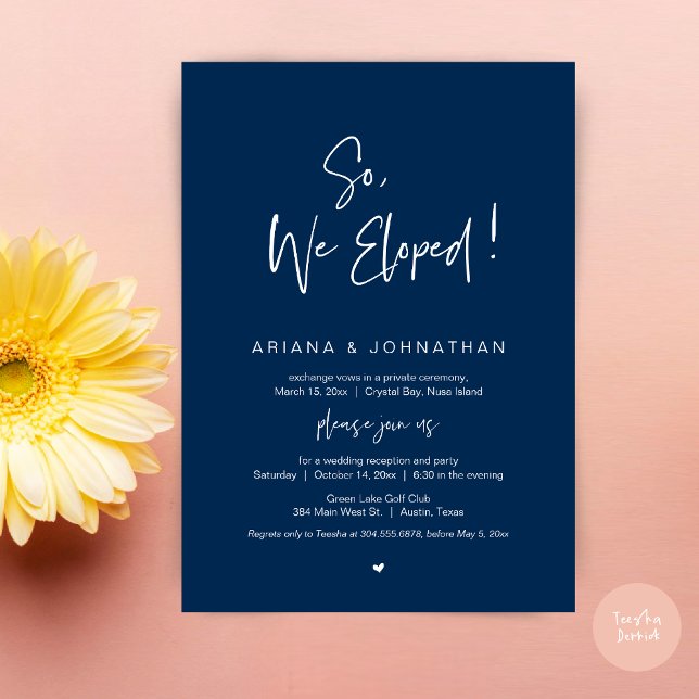 Så, Vi Rymde, Modern Elopementsmiddag Inbjudningar (So, We Eloped, Modern Wedding Elopement Dinner Invitation Card, PDF, in Navy Blue)