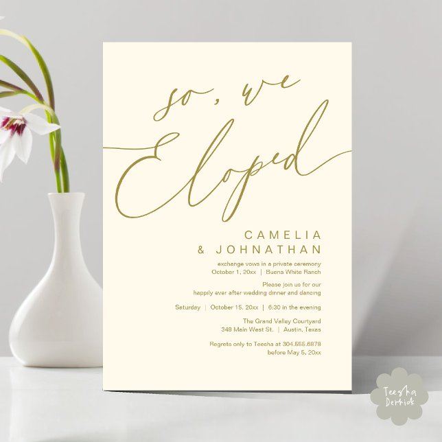 Så vi rymde Modern romantisk middagsfest för bröll Inbjudningar (So, We Eloped, Modern Romantic Wedding Dinner Brunch Lunch Party Invitation Card PDF Yellow Gold)
