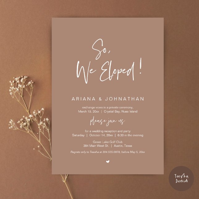 Så vi upphetsade, modern Bröllop Elopement Middag Inbjudningar (So, We Eloped, Modern Wedding Elopement Dinner Invitation Card, PDF, in Taupe Earthy)