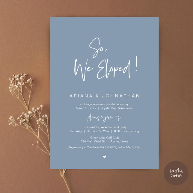 Så vi upphetsade, modern Bröllop Elopement Middag Inbjudningar (So, We Eloped, Modern Wedding Elopement Dinner Invitation Card, PDF, in Dusty Blue)