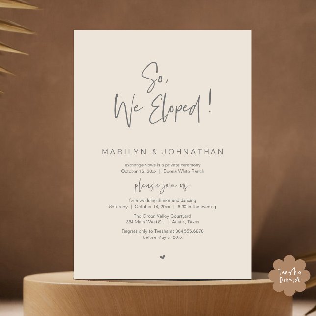 Så vi upphetsade, modern Bröllop Elopement Middag Inbjudningar (So, We Eloped, Modern Classy Wedding Elopement Dinner Party Invitation Card PDF Cream Grey)