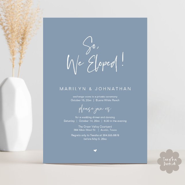 Så vi upphetsade, modern Bröllop Elopement Middag Inbjudningar (So, We Eloped, Modern Classy Wedding Elopement Dinner Party Invitation Card PDF Dusty Blue)