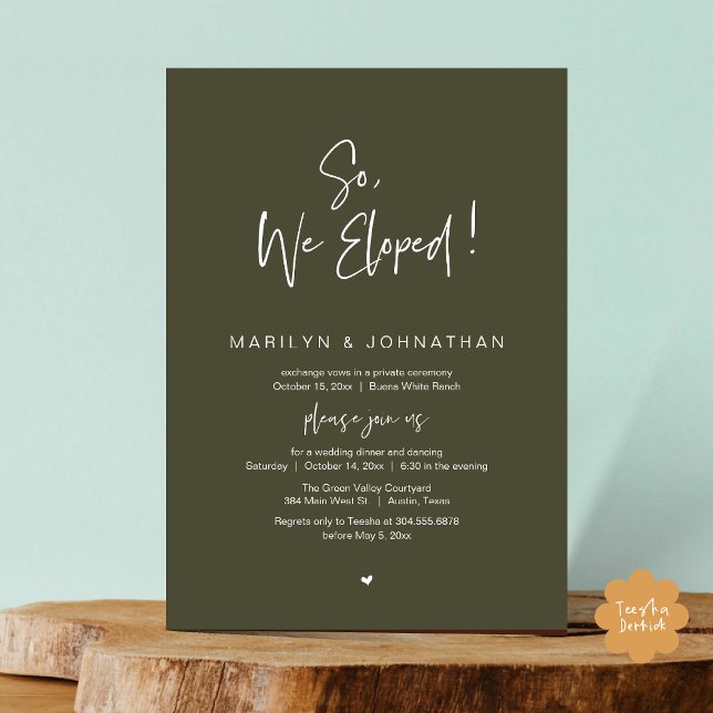 Så vi upphetsade, modern Bröllop Elopement Middag Inbjudningar (So, We Eloped, Modern Classy Wedding Elopement Dinner Party Invitation Card PDF Olive Green Greenery)