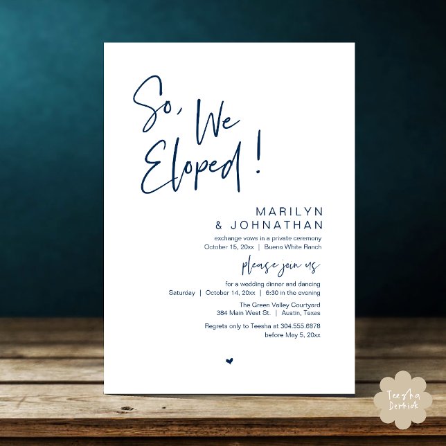 Så vi upphetsade, modern Bröllop Elopement Middag Inbjudningar (So, We Eloped, Modern Classy Wedding Elopement Dinner Party Invitation Card PDF Navy Blue)