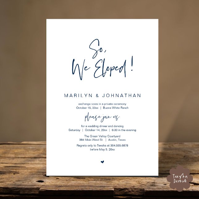 Så vi upphetsade, modern Bröllop Elopement Middag Inbjudningar (So, We Eloped, Modern Classy Wedding Elopement Dinner Party Invitation Card PDF Navy Blue)