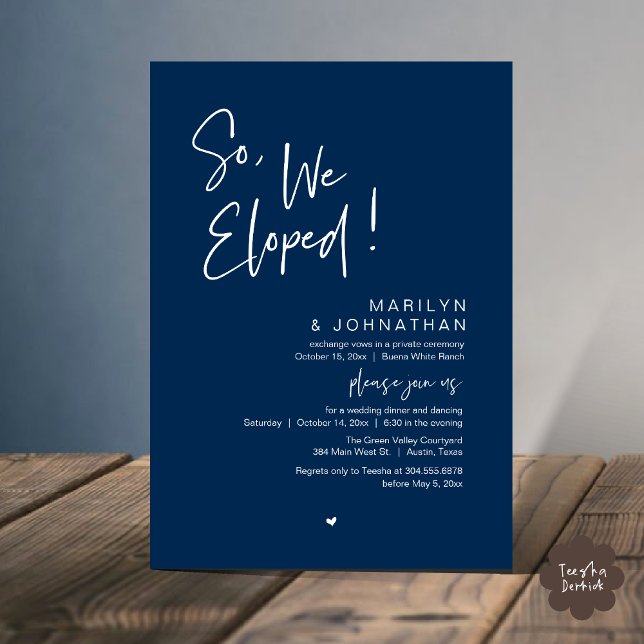 Så vi upphetsade, modern Bröllop Elopement Middag Inbjudningar (So, We Eloped, Modern Classy Wedding Elopement Dinner Party Invitation Card PDF Navy Blue)