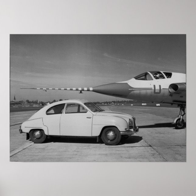 Saab 93b Vintage 1958 Black & White Photo Poster (Framsidan)