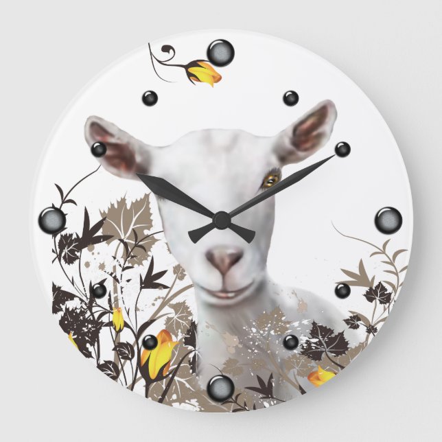 Saanen Dairy Goat Painting Blommigt Wall Clock Stor Klocka (Framsida)