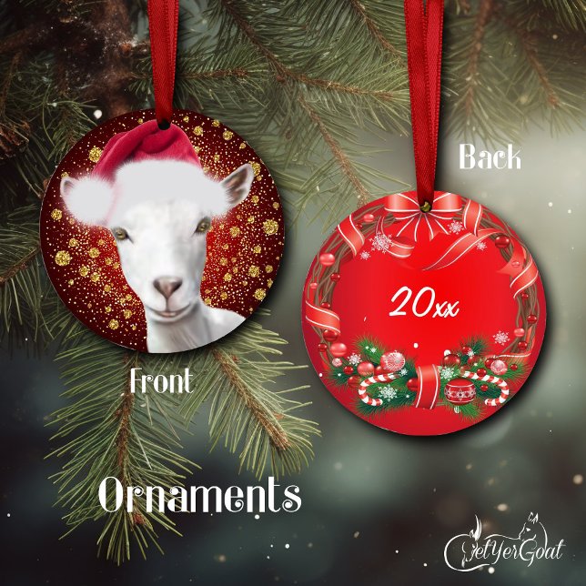 Saanen Dairy Goat Santa Hat-julprydnaden Julgransprydnad Keramik (Pretty Saanen doe oil painting portrait - with gold snowflakes - dated on the back #zazzlemade)
