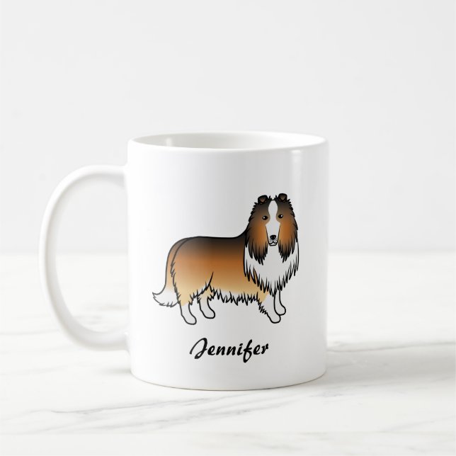 Sable Rough Collie Söt Tecknad Hund & Namn Kaffemugg (Vänster)