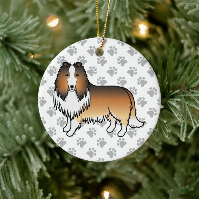 Sable Rough Collie Söt Tecknad Hund & Tassar Julgransprydnad Keramik (Träd)