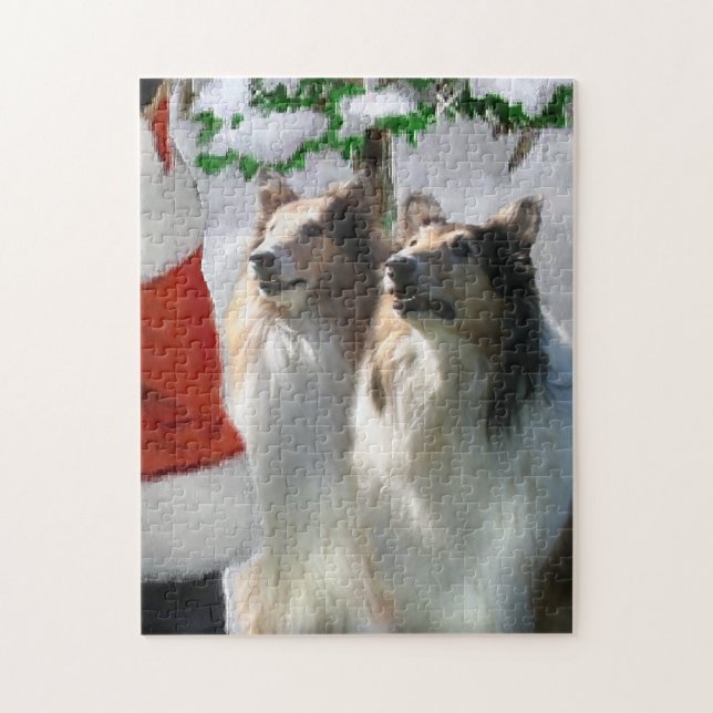 Sable Rough Collies med jultomten Pussel (Vertikal)